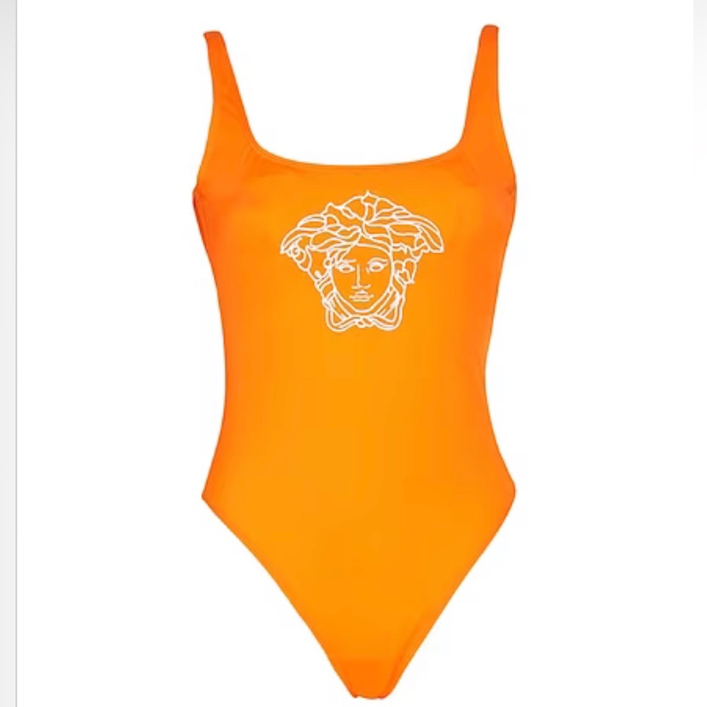 Versace Orange One-Piece Swimsuit with White Medusa Logo